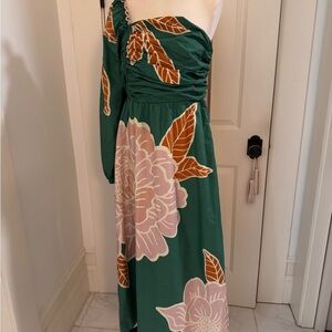 FARM Rio Green One-Shoulder Maxi Dress with Pink Floral and Brown Leaf Print